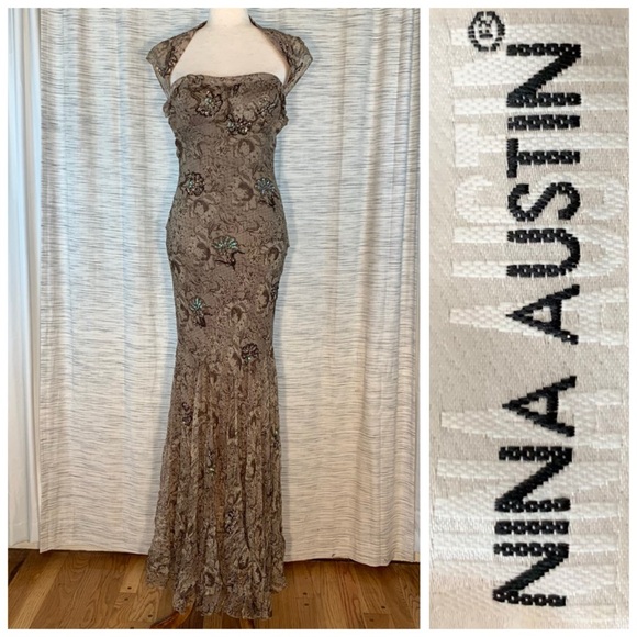 Nina Austin brown and tan floral evening gown. - Picture 1 of 14